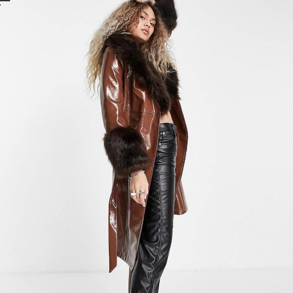 Faux Leather Trench Coat with Faux Fur Trim - Brown